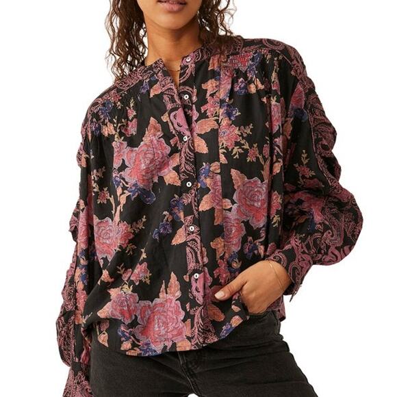 Free People Tops - Free People Maraya Top Womens Size Large Black Combo Mixed Floral Puff Sleeves